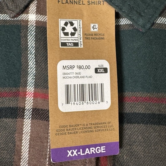 NEW Eddie Bauer Men's LS  Cotton Flannel Shirt Mocha Overland Plaid Size 2XL NWT - Picture 8 of 8